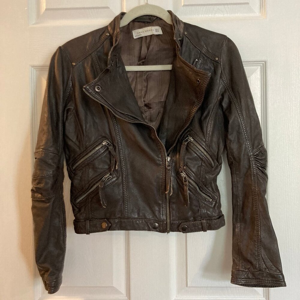 Zara brown genuine leather motorcycle jacket